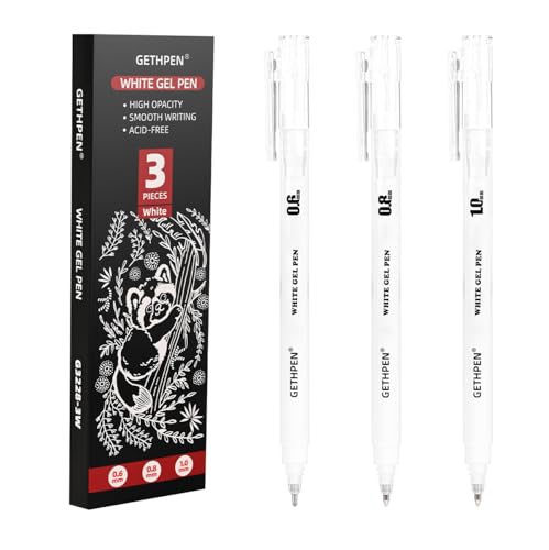 GETHPEN White Gel Pens 3-Pack - 0.6/0.8/1.0mm Fine to Bold Tips for Journaling & Art - Opaque Ink on Dark Paper Holiday Cards & DIY Gifts