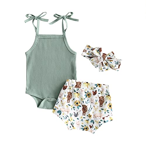 Image of Kuriozud Newborn Infant Baby Girl 2 Piece Summer Outfits Tank Romper Top + Ruffle Bloomer Shorts Set Clothes