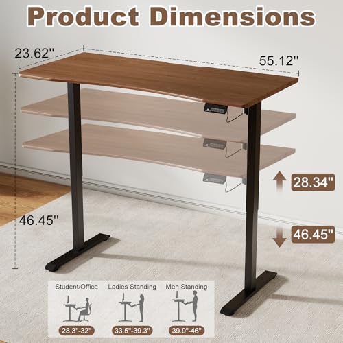 Image of Solid Wood Electric Standing Desk 55 inchx23.6 inchHome Office Desk,Adjustable Workbench with 3 Stages Single Motor, Computer Workstation with T-Shaped Metal Bracket,Walnut Standing Desk for Gaming(1 Box)