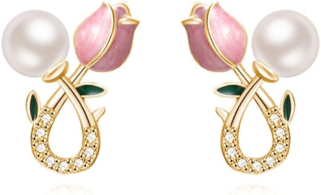 Reffeer Solid 925 Sterling Silver Pink Flower Stud Earrings for Women Teens Spring Flower Stud Earrings Pearls