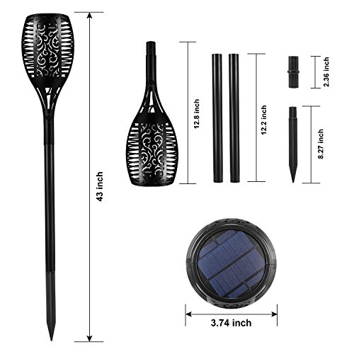 LED Solar Tiki Torches Light, Waterproof Flickering Flame Solar Torch Light - Solid Height Adjustable Deck Light for Outdoor Garden Path Landscape Decoration (Black 2Pack)