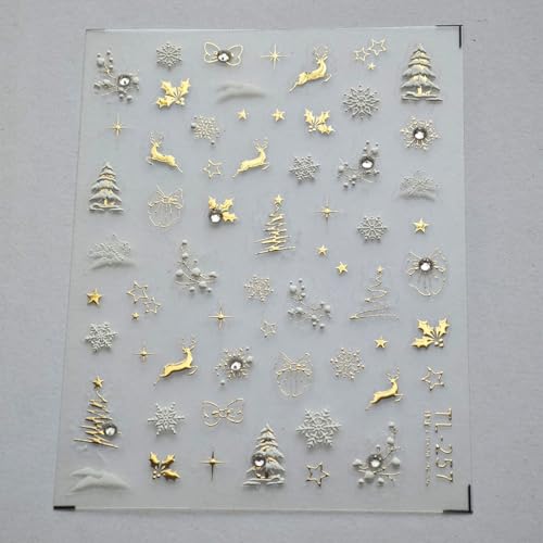 Image of 5D Embossed Gold Reindeer Nail Stickers Christmas Nail Art Stickers Snowflake Nails Decals Self Adhesive Holly Christmas Tree Nails Decals Rhinestone with Design for Women Manicure Supply