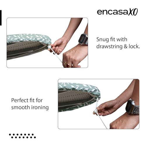 Image of Encasa XO Ironing Board Cover with 3mm Thick Felt Pad for Steam Press (Fits Standard Large Boards of 125x39 cm) Heat Reflective, Scorch & Stain Resistant, Printed - Green Leaflet
