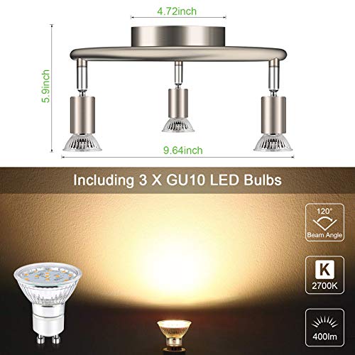 Unicozin 3-Light Spiral LED Track Lighting Kit, Matt Nickel 3 Way Ceiling Spot Lighting, Included 3 x GU10 LED Bulbs (4W, Warm White 2700K, 400LM, Non-Dimmable), Rotatable Light Head Track Light