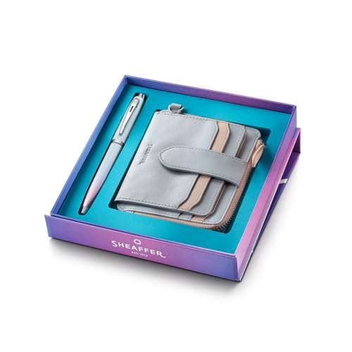 Image of Sheaffer Expressions Gift Set 100 9376 Blue and Pink Pearlised Gradient Ballpoint Pen with Chrome plated Trims and Genuine Leather Wallet