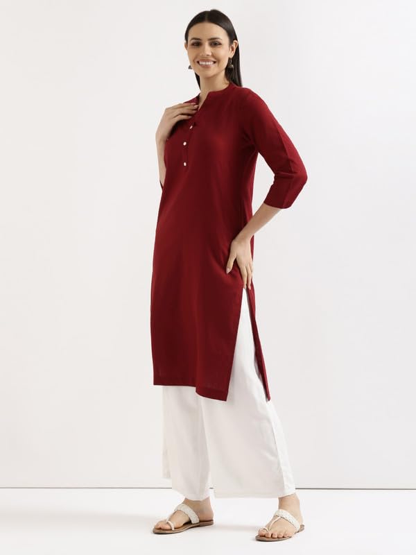 Image of SAADAA Women's Linen Straight Fit Straight Long Kurta Airy Plain Kurta, 3 /4 Sleeve, Knee Length Kurtis with Pockets, Casual and Office Wear