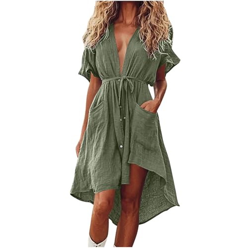 Amazon.com: Akklian Cotton Linen Midi Dress for Women Deep V Neck Button  Down Beach Cover Ups High Low Hem Flowy Oversized Shirt Dress Army Green :  Clothing, Shoes & Jewelry