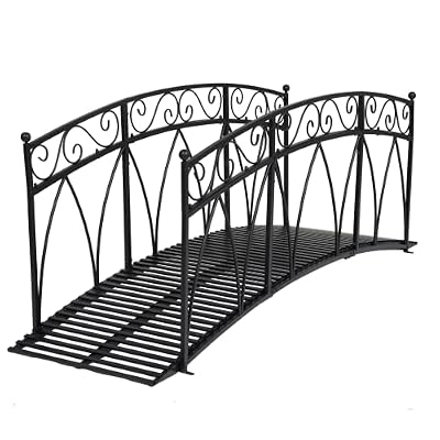 Kinfant Outdoor Metal Garden Bridge - 8 Ft Decorative Iron Garden Arch Footbridge with 2 Safety Patterned Siderails for Pond, Creek, Stream (96”*28”*35.6”)