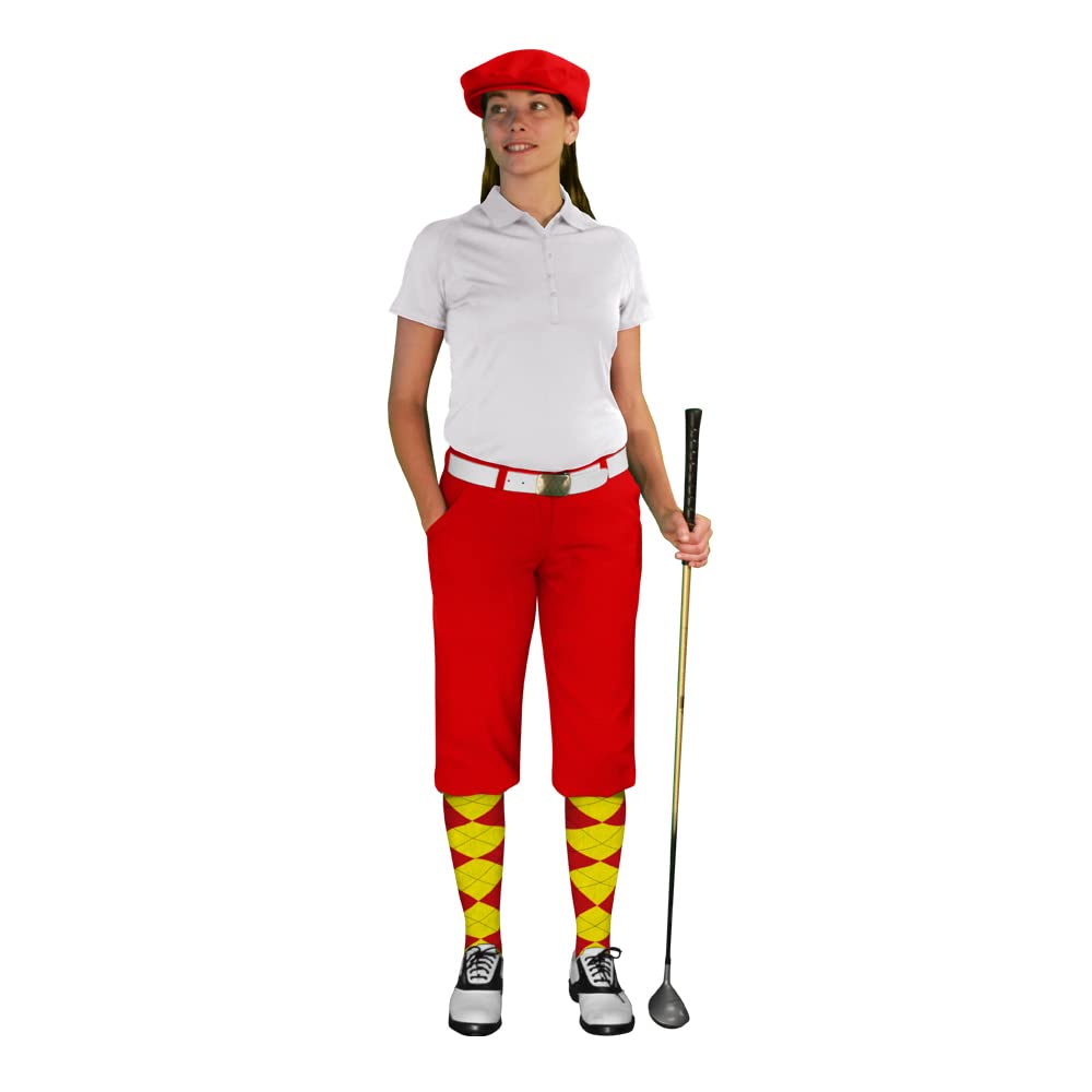 Golf Knickers Ladies Select A Style Outfit - Matching Golf Cap - Red - Waist 18 - Sock - Red/Yellow