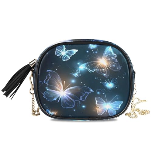 ALAZA Women's Glowing Blue Butterfly PU Leather Crossbody Bag Shoulder Purse with Tassel