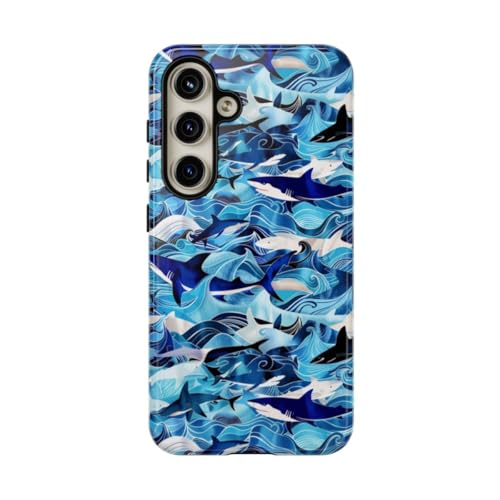 Coque brillante rigide Samsung S24 vagues de l'océan bleu requins au design éclatant