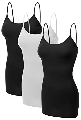 Emmalise Women's Basic Casual Long Camisole Cami Top Value Combo - 3Pk - 2Black, White, Medium