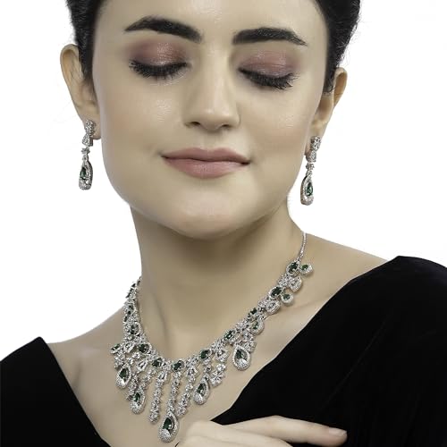 Image of ZENEME Rhodium-Plated Silver-Toned Emerald-Cut American Diamond Floral Link Necklace Set with Pear Drop Earrings for Women & Girls