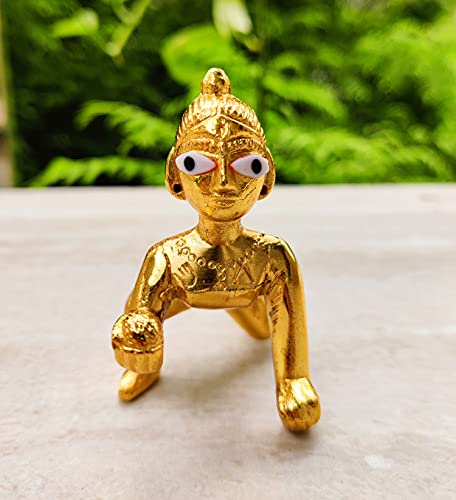 Image of Wonder Care | Laddu Gopal with jhula Statue Sculpted in Great Detail in Ivory Antique Golden Finish - Laddu Gopal | Home Decor | Mandir | Gift | Hindu God Idol (Laddu Gopal+Jhula Combo+Roli Chawal)