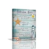 Rustic Ocean Bathroom Decor: Seashells & Lighthouse Canvas Art - Funny Bathroom Sign - Framed 12x16inch
