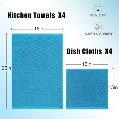 Image of 100% Cotton Kitchen Towels and Dishcloths Set, Pack of 8 Super Absorbent 16 inch x 25 inch Kitchen Towels and 13 inch x 13 inch Dish Cloths (400 GSM)