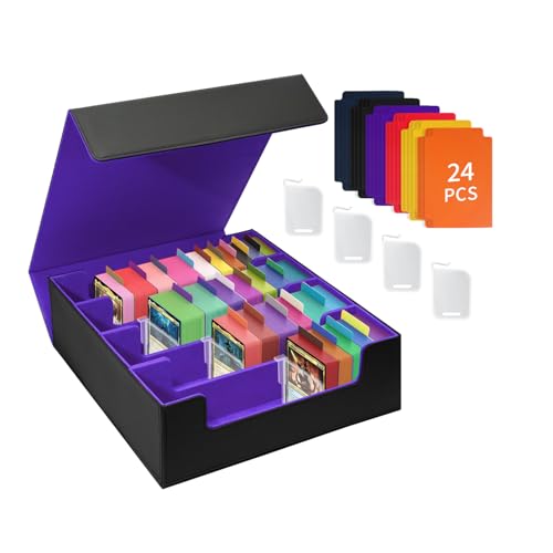 HESTECH Trading Card Box, 3000+ Card Capacity, Magnetic Card Case with 4 Card Supports & 24 Dividers, Organizer for MTG TCG & Sports Cards (Black Purple)