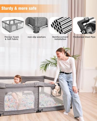 Image of Veraste Foldable Baby Playpen with Gate, Extra Large Collapsible Play Yard for Babies & Toddlers, Portable Travel Playpen, Baby Activity Center for Indoor & Outdoor Use (Grey 59 inchx71 inch)