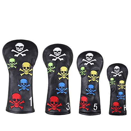 Scott Edward Skull Golf Woods Headcovers Covers for Driver Fairway 1 3 5 H Clubs Set Heads PU Leather Unisex Black Brown Black Skull Pattern