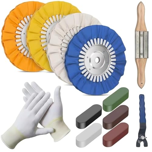8" Airway Buffing Wheel, 12Pcs Aluminum Wheel Polishing Kit(5/8" Arbor), Polishing Compound and Aluminum Metal Polishing Wheel Kit with Buffing Wheel Rake Adjustable Wrench and Glove for Angle Grinder