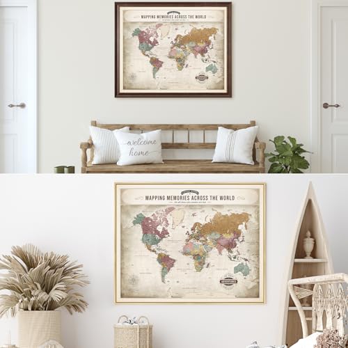 Image of DECORARTS - Personalized World Travel Map with Pins, Custom Name, Pin Board Canvas Wall Art, Soft Vintage Pastel World Decor, Optional Wood Frame, Giclee Print, Handcrafted in USA, 30x24''