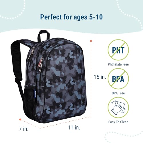 Image of Wildkin 15 Inch Backpack for Kids, Black Camo | Ages 5-10, padded straps, side water bottle pocket - coordinates with matching Wildkin lunch boxes and water bottles