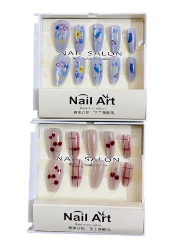 Nail Art Professional Press-On Nails Set, Valentine Hearts and Cute Faces Design, Red and Pink Ombre, Hand-Worn Artificial Nails for Wedding and Bridal, 2 Pack (Off white, Baby pink)