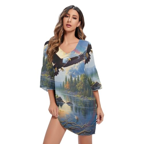 Eagle Soars Serene Lake - Elegante vestido de playa de gasa estampado con cuello en V, tallas S-XXL, Eagle Soars Serene Lake, Large