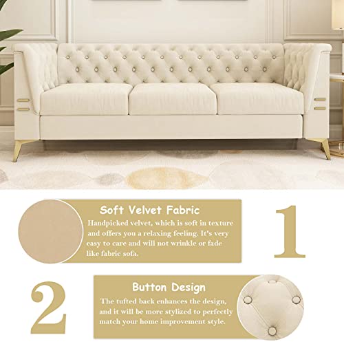Tomkate Chesterfield Sofa, 82" Velvet Upholstered 3 Seater Couches With Flared Arms And Removable Cushions, Mid-Century Modern Sofa Couch With Solid Wood Frame And Gold Legs For Living Room (Beige) #TOP2