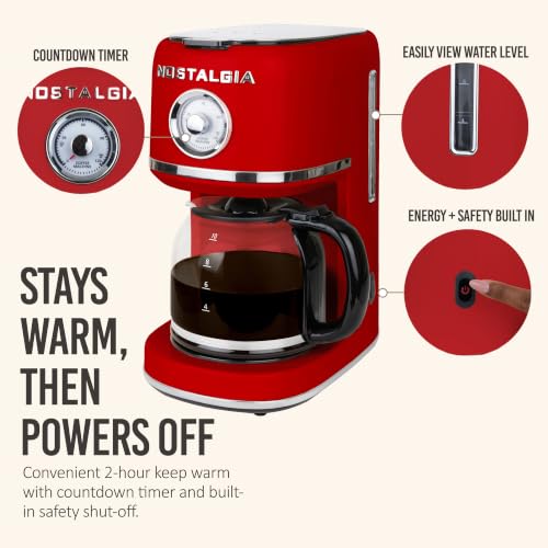 Image of Nostalgia Classic Retro 10 Cup Coffee Maker - One-Touch Drip Brew, Reusable Filter - Anti-Drip, Auto Shutoff, & Time Display - Dishwasher Safe 50 oz Carafe - Red