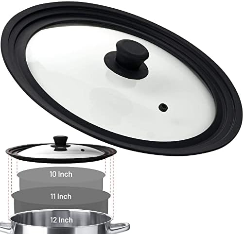 Bezrat Universal Round Lid for Pans, Pots and Skillets Vented Tempered Glass with Graduated Rim Fits 10, 11, 12 inch Cookware – Heat Resistant Handle – Food Safe - Microwave Safe – Dishwasher Safe