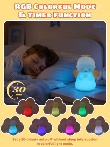 Image of Ammonite White Angel Night Light, Soft Silicone Nursery Lamp with RGB 30-Minute Timer, Touch Control Nightlight for Bedroom Decor, Christening Baptism Gifts Christmas Birthday Gift