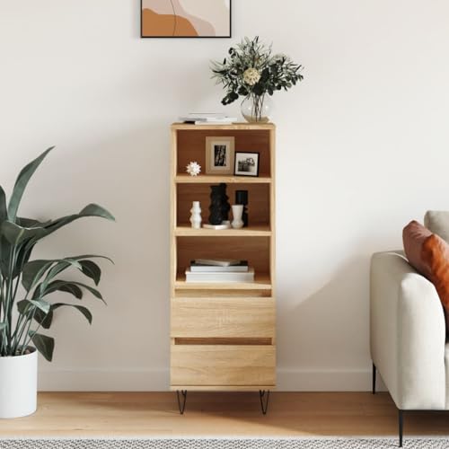 Ordellia Buffet haut en chêne Sonoma 40 x 36 x 110 cm - En bois - Avec 3 compartiments ouverts - Buffet avec 2 tiroirs - Meuble de rangement stable pour...