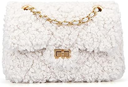 Women Plush Shoulder Bag Fashion Fluffy Crossbody Purse Soft Warm Shopping Dating Bag with Adjustable Chain Strap Indie Cute Tote Bags (White)