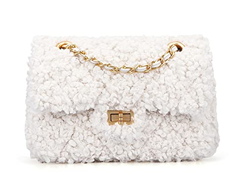 Women Plush Shoulder Bag Fashion Fluffy Crossbody Purse Soft Warm Shopping Dating Bag With Adjustable Chain Strap Indie Cute Tote Bags (White) #TOP8