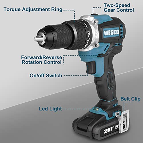 Wesco 20V Cordless Hammer Drill With Safety Clutch，Power Brushless Drill Driver Set With 13 Pcs Drill Bits, 2-Mode Variable Speed Rotary Hammer With Carrying Bag Use For Concrete, Metal, And Stone #TOP1