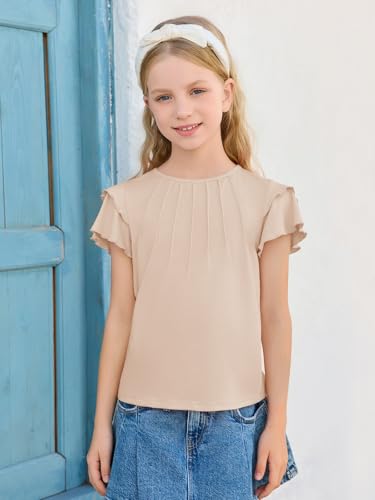 Image of Haloumoning Girls Pleated Ruffle Short Sleeve Shirts Kids Summer Crewneck T-Shirts Fashion Tops Tees 5-14 Years