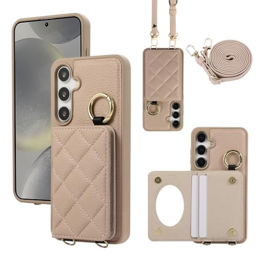 Étui Portefeuille Samsung S23 Plus Coque à Bandoulière Miroir Kaki