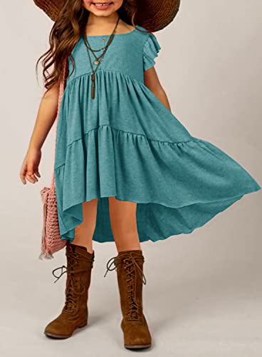Hosika Girls Summer Dress Ruffle Sleeve Button Down Pleated Tiered Swing Casual Dresses With Pockets For 6-12 Years Teal Small #TOP2