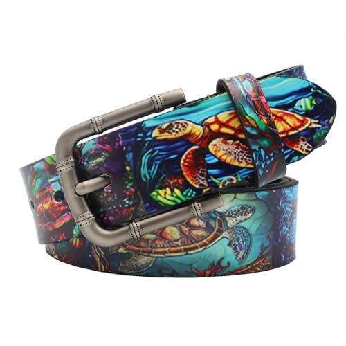 Original Design Turtle Print Leather Belt with Unique Graffiti Art Strap - Trendy Fashion Accessory for Every Occasion(115cm/45, Black)3