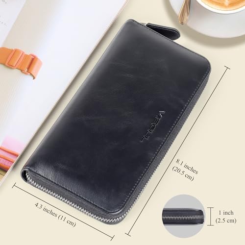 VISOUL Leather Long Zipper Pouch Wallet for Men and Women with RFID Blocking, Large Clutch Cash Long Wallet with Zipper (Black)3
