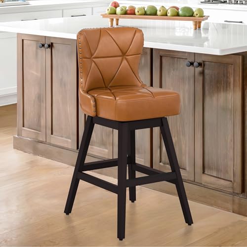 Image of Cozyman Counter Height Bar Stools, 30 inch H Swivel Bar Stool with Back, Faux Leather Counter Stool, Solid Wood Legs, Retro Upholstered Barstools for Kitchen Island, Home Bar, Pub, Yellowish-Brown