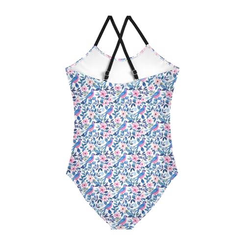 senya Girls Swimsuits One-Piece Swimwear Tie Bathing Suit Beach Summer Round Neck 9-10T Bird Flower Pattern2