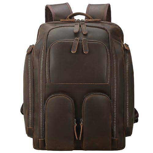 Masa Kawa Leather Backpack for Men with 16" Laptop & Camera Lens Sleeve, Multi Pockets Weekend Trip Business Travel Overnight Camping Bag, Vintage Brown