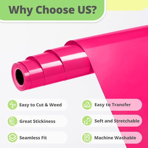 Image of HTVRONT Neon Pink HTV Vinyl Roll - 12 inch x 10ft Neon Pink Iron on Vinyl for All Cutter Machine & Silhouette Cameo, Heat Transfer Vinyl Rolls for t Shirts - Easy to Cut & Weed for Heat Vinyl Design