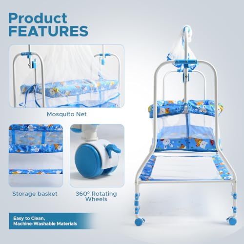 Image of BUBBLEBABY Baby Cradle | Jhula | Baggi | Palna | Ghodiyu | Ventilated | with Swing & Mosquito Net | 0-12 Months | Four Wheels with Brake | Storage | Polypropylene | Safe & Sturdy | Foldable | Blue
