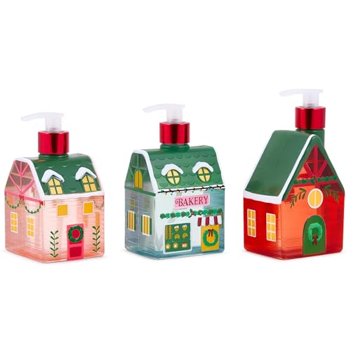 Image of Simple Pleasures Christmas Holiday Village 3 Pack - Frosted Strawberry, Snow Flurries, Peppermint Swirl Scented Decorative Refillable Soap Dispensers for Kitchen Countertops and Bathroom Sinks