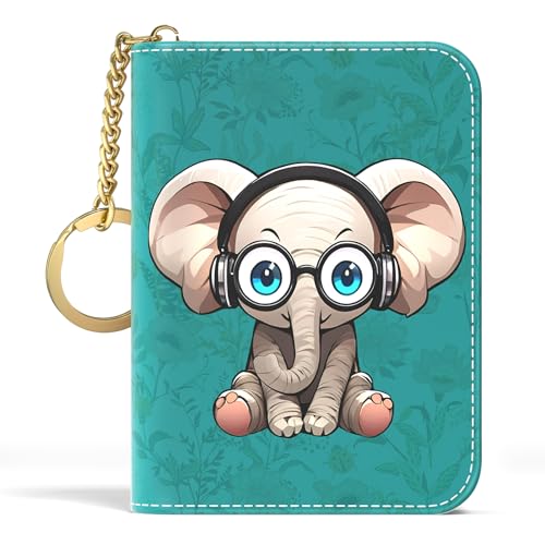 Image of Aiawoxc Credit Card Holder, Small RFID Wallet Slim Leather Card Organizer Case with Zipper and Keychain, Pretty Elephant