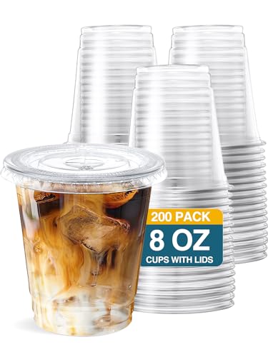 SHOPDAY 8 oz-Plastic-Cups-with-Lids - 200 Pack Disposable Clear Cups with Lids Small Cup for Cold Drink Smoothie Food Coffee Cup