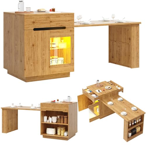 STAPERFO Isola cucina con tavolo estraibile, armadio da cucina multifunzionale con illuminazione a LED e controllo app, effetto rovere, spazio di archiviazione, cassetti, porta in vetro, 122